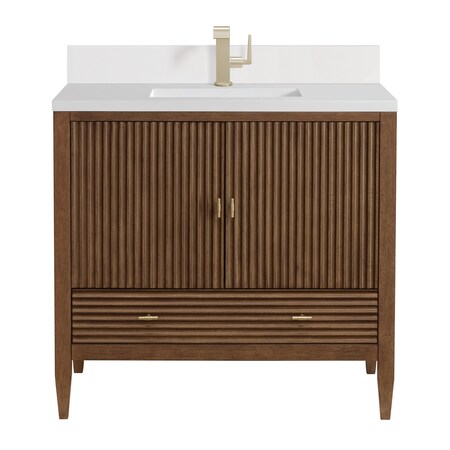 James Martin Vanities 36'' Vanity, Mid Century Walnut w/ Single Hole 3 CM White Zeus Quartz Top & Backsplash 485-V36-WLT-1WZ